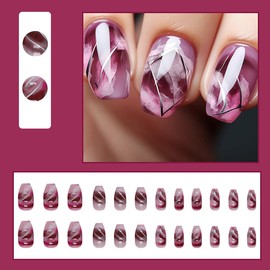 24Pcs Short Press on Nails Marble Coffin Shape Fake Nails Purple Red Abstract Sfumato Gradient Design Acrylic Nails Geometry False Nails Broken Glass Pattern Artificial Glue on Nail for Women DIY Nail