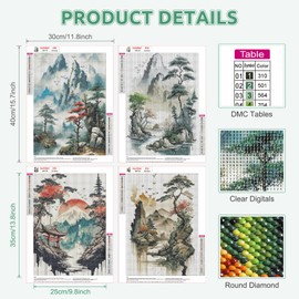 RICUVED 4 Pcs Landscape Diamond Painting Kits, 5D Diamond Painting Kits for Adults Full Drill Diamond Painting Kits Diamond Art Kits for Beginners Crystal Picture Art for Home Decor 11.8x15.7 Inch