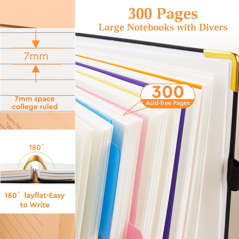 FREBLASO 5 Subject Notebook with Removable Dividers Tabs, 300 Pages