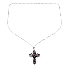 NOVICA Artisan Handmade Amethyst Pendant Necklace Sterling Silver with Cross Reconstituted Turquoise Purple India Spiritual Birthstone [18 in L 2 mm W Pendant(s) 2 in L x 1.1 in W x 0.2 in D] '