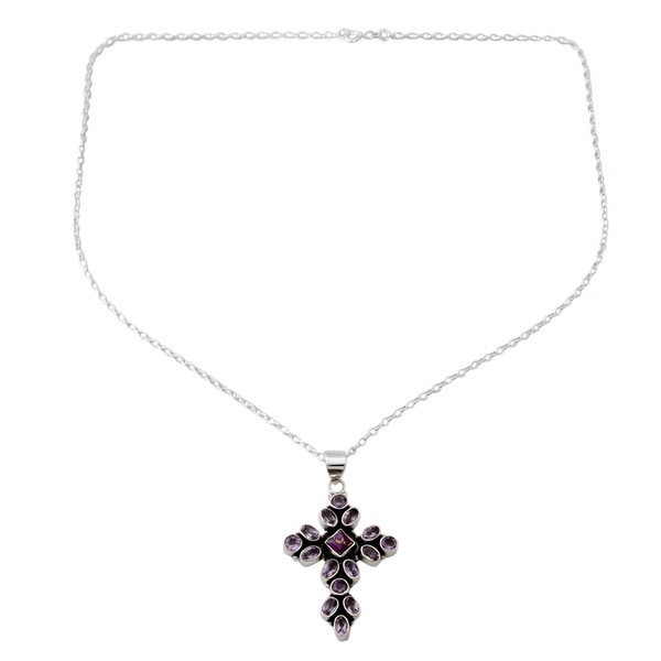NOVICA Artisan Handmade Amethyst Pendant Necklace Sterling Silver with Cross