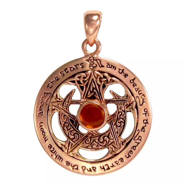 Dryad Design Copper Crescent Moon Pentacle Pentagram Pendant with Amber