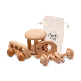 Promise Babe Baby Rattle, Rattle, Mini Car, Set of 4, Wooden Toy, Unpainted, Natural Wood, Natural Shimmer, Newborn Gift, Baby Shower Gift