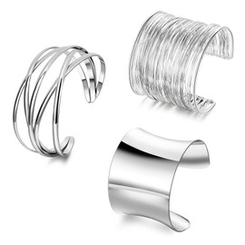 SOMEITIA 3Pcs Chunky Gold Cuff Bracelets Open Wide Bangle Bracelets Set for Women Minimalist Irregular Bracelet Statement Wrist Cuff Wrap Bracelet Jewelry StyleB Silver