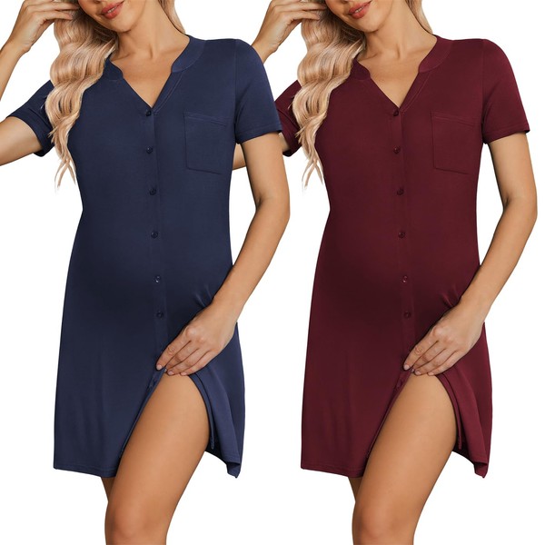Ekouaer Maternity Nursing Nightgowns 2 Pack Button Down Breastfeeding Dress