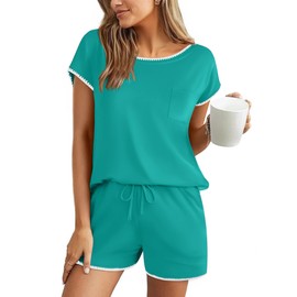 Ekouaer Summer Pajamas for Women Short Loungewear Set Two Piece Sleepwear Pj Shorts Set, Turquoise Green, L