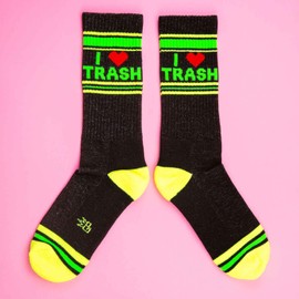 Gumball Poodle I TRASH - Calcetines acanalados unisex, Algodón negro con detalles de nailon rojo, nailon verde fluorescente, nailon amarillo libby