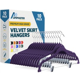 Lifemaster Velvet Skirt Hangers – with Adjustable Clips, 360 Degree Swivel Hook, and Non-Slip Shoulder Notch, Holds Up to 10 lbs, for Organizing Skirt, Pants, Dress, and Clothes, Pack of 10, Purple
