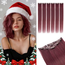 Rich Choices Real Human Hair Clip In Extensions-6 Pcs Single Clip Design-100% Remy Hairs Invisible Clip in Extensions for Thin Short Hair-Hairpieces for Women-12 Inches #99J Burgundy Red Halloween