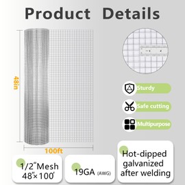 1/2 Inch 19 Gauge Hardware Cloth, 48" x100' Double-Layer Hot-Dip Galvanized After Welding, Heavy-Duty Chicken Coop/Rabbit/Garden Fence Mesh Roll - Durable Welded Poultry Netting, Tree Guard