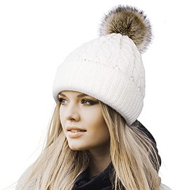 Livingston Winter Beanie Women's Knit Fleece Lined Beanie Hat with Faux Fur Pom Pom, White