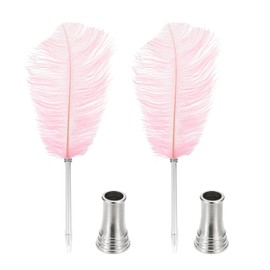 PATIKIL Feather Ballpoint Pen, 2 Pcs 0.5mm Fluffy Vintage Ink Quill Pen Refined Plated Rod Quill Pen with 2 Pcs Stand Holder for Calligraphy Writing Signature Guest Wedding Gift, Pink
