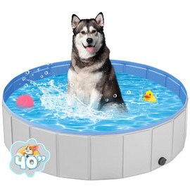 Portable Dog Pool PVC Pet Swimming Pool Bathtub Collapsible Dog Pool, Hard Plastic Pool for Pets to Swim and Bath (M-40"x 12" Light Grey)
