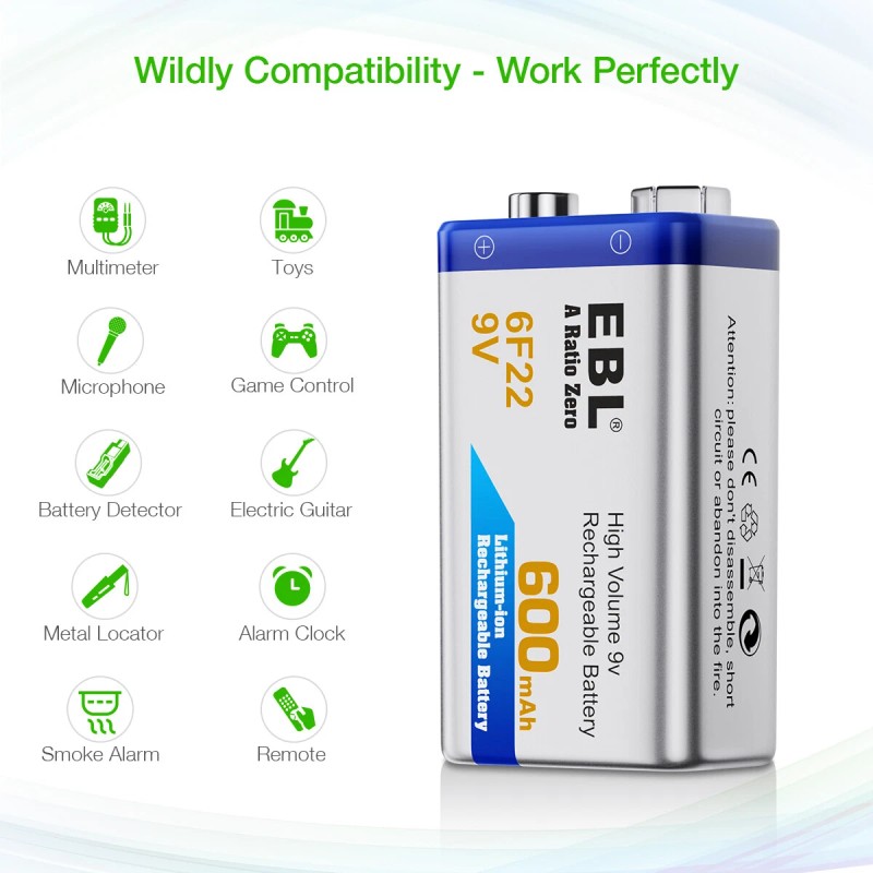 EBL 2Pcs EBL 9V 600mAh 6F22 Li-ion Rechargeable Batteries 9Volt
