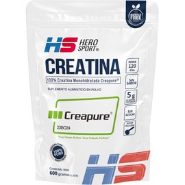 HS HERO SPORT Creatina Monohidratada Micronizada Creapure 600g. 100 Pura. Creatina Alemana Creapure. Vegana, 160 porciones, 5g por porción, Pre