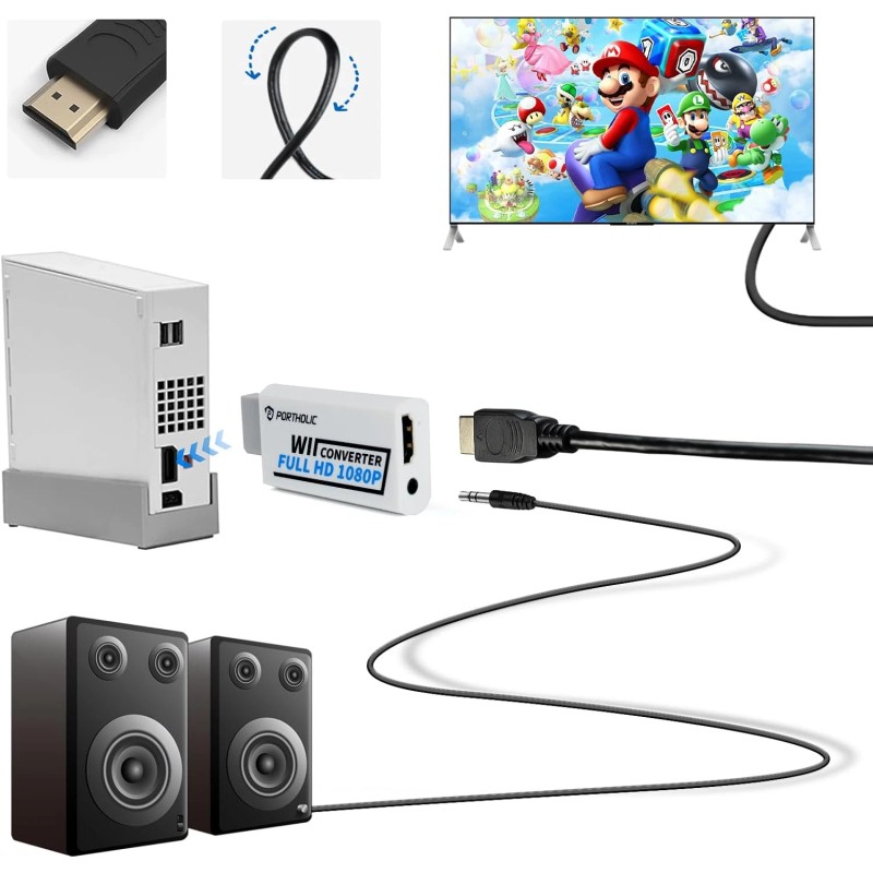 PORTHOLIC Wii to HDMI Converter 1080P – HDMI & 3.5mm