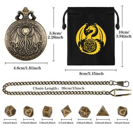 Mini DND Dice Set, with Steampunk Octopus with Wings, Pocket Watch Shell Case, 7-Piece Polyhedral Metal D&D Dice, DND Gift Bag with Dragon Logo, RPG, Role Play Board Game Accessories, Bronze, bronze
