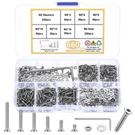 660 Pcs M2 Screws Set, Countersunk Bolts and Nuts Set, Torx Flat Head Machine Screws Bolts and Nuts Kit, Stainless Steel Countersunk Head Screws Bolts Nuts and Washers Set, with Wrench