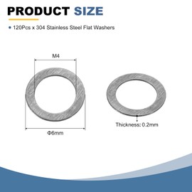 sourcing map 120Pcs 304 Stainless Steel Flat Washers, M4x6x0.2mm Ultra Thin Flat Spacers, Flat Ring Fasteners for Bolts Screws, Electronic Repair, Automotive, Mechanical Industry