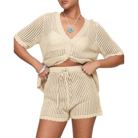 Saodimallsu Womens Crochet Swimsuit Coverup Sets Short Sleeve V Neck Button Tops Drawstring Shorts 2 Piece Beach Outfits Beige