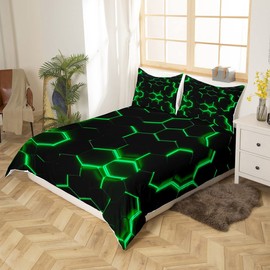 Loussiesd Honeycomb Bed Linen Set 135 x 200 cm Geometry Hexagon Theme Duvet Cover Set with 1 Pillowcase 80 x 80 cm Black Green Neon Lights Bed Linen Boys Teenagers Modern Geometric Pattern