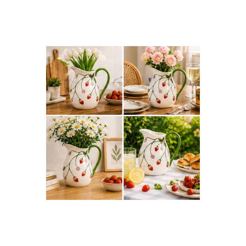 White Strawberry Pitcher Vase Ceramic Jug with Handle | Home