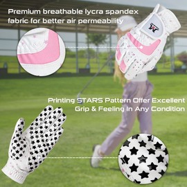 MAZEL Kids Golf Gloves for Youth Toddler Boys Girls, Right & Left Hand (1 Pair) Mircofiber Breathable Junior Golf Gloves, White Red Pink Blue Black Stars Color,Age 3-8 (Black Stars-Pink, M(Age 5-6))