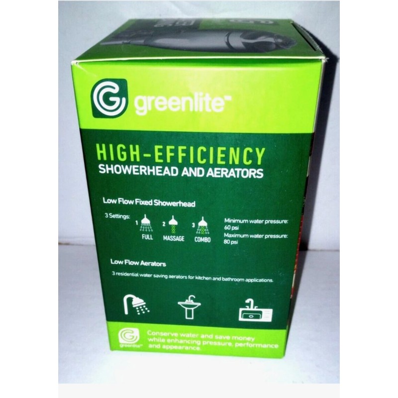 Greenlite New-Low-Flow Shower Head Water-Saving Fixed in Silver Greenlite Aerators