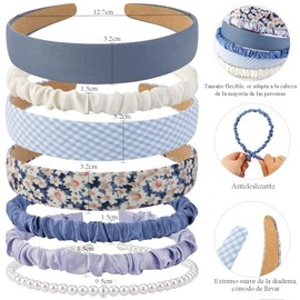 GeorgeX Diademas para Mujer, 7 Piezas Diferentes Bandas para el Cabello con Accesorios de Moda, Anudado Sólido, Perlas, Trenzadas(Azul)