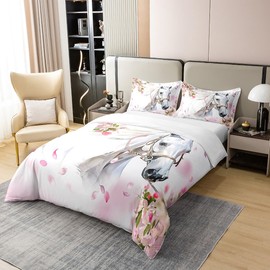 White Horse Cotton Duvet Cover Set Twin Size Girls Chic Pink Floral Flowers Bedding Set Watercolor Wild Animal Design Comforter Cover for Children Teens Bedroom Decor Wildlife Bedspread Cover