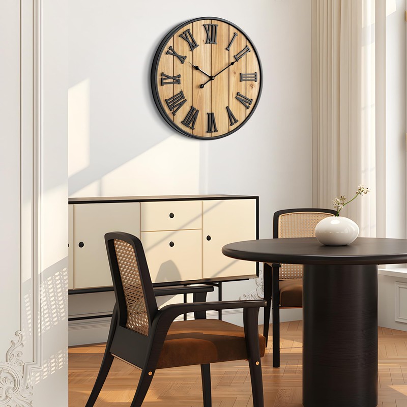 Large Wall Clock 30IN, Silent Metal Wood Style Wall Clocks