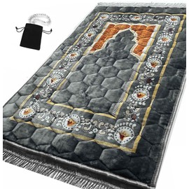 Prayer Rug Muslim Mat Islamic - Padded Very Thick Prayer Rug Sajadah for Men Women with Islam Prayer Beads for Eid Travel Ramadan, Soft and Luxury (Grey)