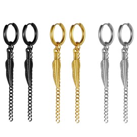 JewelryWe 3Pairs Dangling Earrings Set Chic Key Lock Charm Feather Drop Dangly Earrings for Men Women