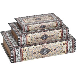 DECOR4SEASON Vintage Faux Leather and Wood Decorative Faux Book Boxes Set with Arabesque Pattern of 3-13", 10", 8"