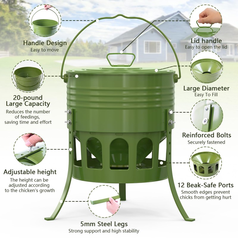 20 Lbs Metal Chicken Feeder, 12 Port No Waste Automatic