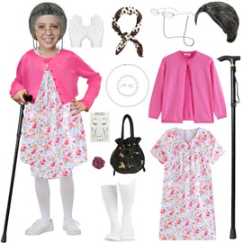 16 Pcs Old Lady Costume for Kids 100th Day of School Grandma Costume Girls Toddler Granny Cosplay Nightgown Pink Knitwear with Dress Accessories Glasses Cane Wig Necklace Bracelet Earrings DY024M