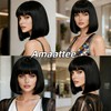 Amaattee Black Bob Wig with Bangs 12 Inch Short Straight