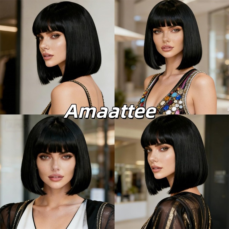 Amaattee Black Bob Wig with Bangs 12 Inch Short Straight