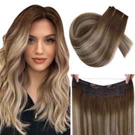 RUNATURE Wire Hair Extensions Real Hair 30 cm Adjustable Fish Line Wire On Hair Balayage Blonde Ombre 70 g / Pack Real Hair Extensions with Wire Straight Hair #3/8/22