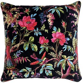 Riva Paoletti Paradise Square Cushion Cover - Black - Colourful Bird Print - Faux Velvet Fabric - Machine Washable - 100% Cotton - 50 x 50cm (20" x 20" inches) - Designed in the UK