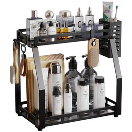 junyuan Bathroom Organizer with Toothbrush Holders,2 Tier Spice Rack Organizer for Countertop,Standing Seasoning Organizer,Kitchen Countertop Organizers and Storage Shelf,Metal,Black