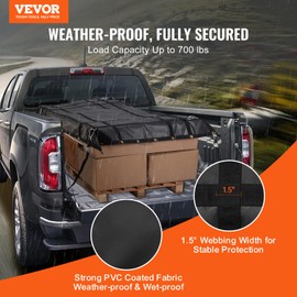 VEVOR Waterproof Cargo Net, 72 in x 57 in, Heavy Duty Truck Cargo Net-(WLL) 700lbs, 4 Adjustable Straps with Carabiners & S-Hooks, Truck Bed Cover for Trailer, Pickup, Boat, Jeep, SUV 4.75' x 6' ft