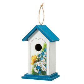 Glitzhome 11.75" H Distressed Solid Wood Daisy with Butterfly Birdhouses Garden Hanging Bird House for Outdoors