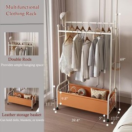 DJJUAJK Clothes Clothing Rack with Storage Box Double Rod Heavy-Duty Rolling Clothes Rack Portable Metal Clothes Rack Sturdy Clothing Racks for Hanging Clothes 40 Inches V