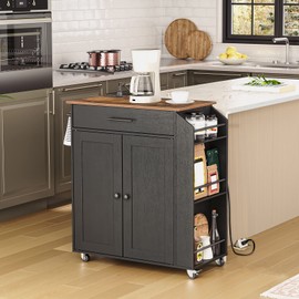 HOOBRO Kitchen Island with Power Outlet, Storage Island with Spice Rack and Drawer, Rolling Kitchen Cart on Wheels, for Home, Dining Room, Rustic Brown and Black