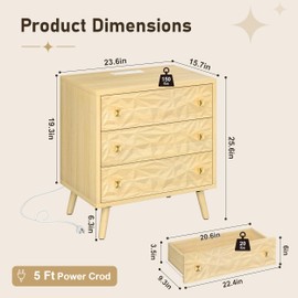 YOSHOOT Mid Century Modern Nightstand with 3 Drawers, 23.6" Wide Bedside Table with Charging Station, Large End Table with 3D Diamond-Shaped Panel Design, Wood Side Table for Bedroom, Natural Oak