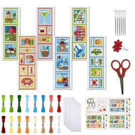 FREEBLOSS Set of 6 Cross Stitch Bookmark Set, Stamped Cross Stitch Embroidery Set "Seaside Window Pane" with Instructions for Adults 8 x 2.4 Inches