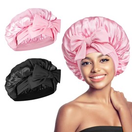 Satin Sleep Cap, 2PCS Satin Head Cover, Sleep Cap Satin Hair Cap, Silk Sleep Cap, Extra Large Sleep Satin Bonnet, Adjustable Satin Bonnet Silk Bonnet for Long, Short and Curly Hairs(Black and Pink)
