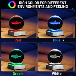 3D Shark Crystal Ball Night Light with LED Colorful Touch Base 3.15 Inch Shark Figurines Glass Sphere Lamp for Birthday Christmas, Cool Shark Home Table Lamp Decor Gifts for Boys Kids Teens Women