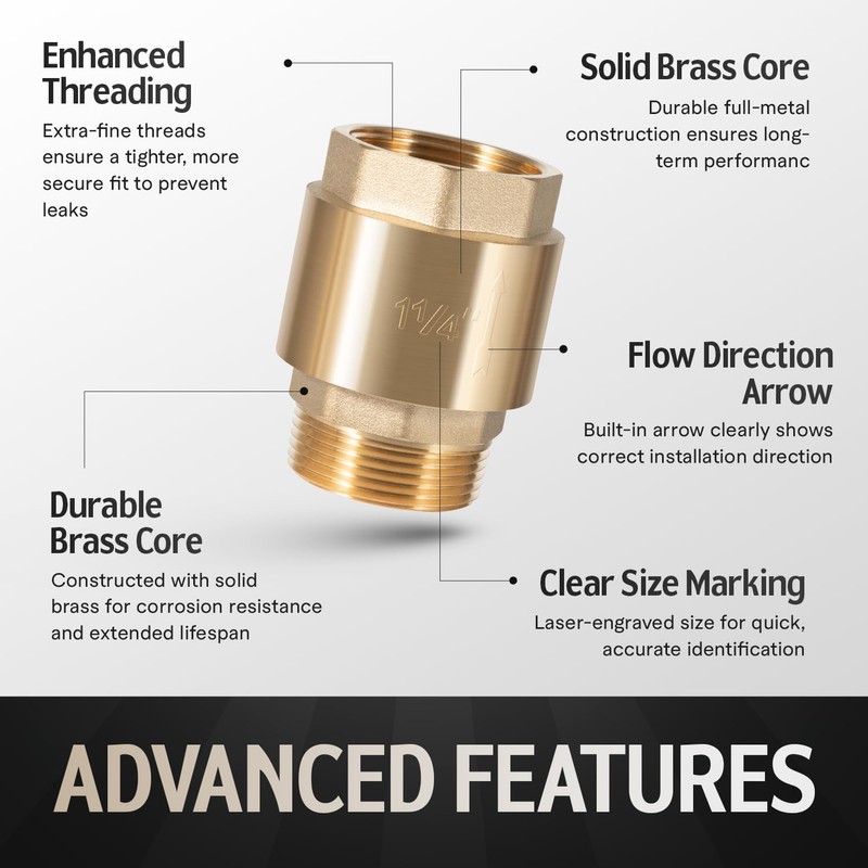 1-1/4 Inch Brass Check Valve, One-Way Non Return In Line